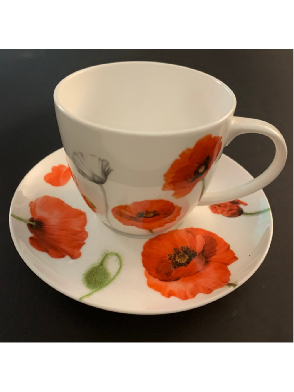 🔒 10 items for $20 - Poppies White Red Fine China Cup Saucer cracked handle